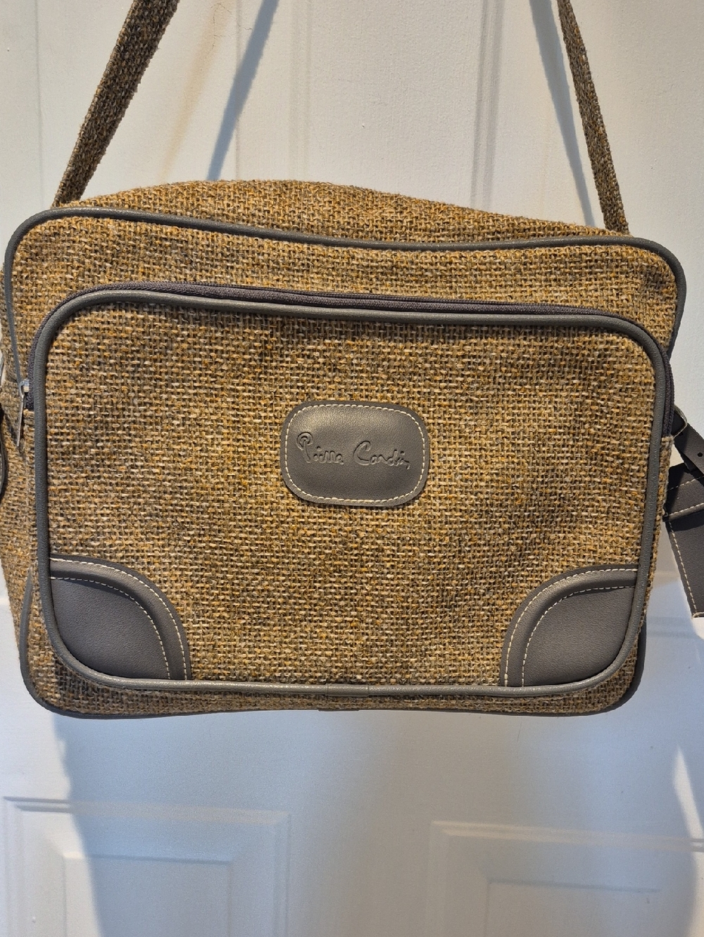 Vintage Pierre Cardin Tan Woven Messenger Bag with Gray Trim. NWOT.